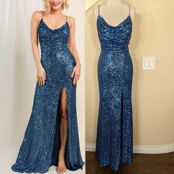 Denim Blue Sequined Cowl Rhinestone Wedding Guest Prom Formal Party Dress 2 - Picture 1 of 5